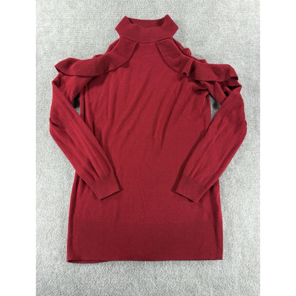 Takara Red Cold Shoulder Ruffle Mock Neck Sweater Women's Small Knit